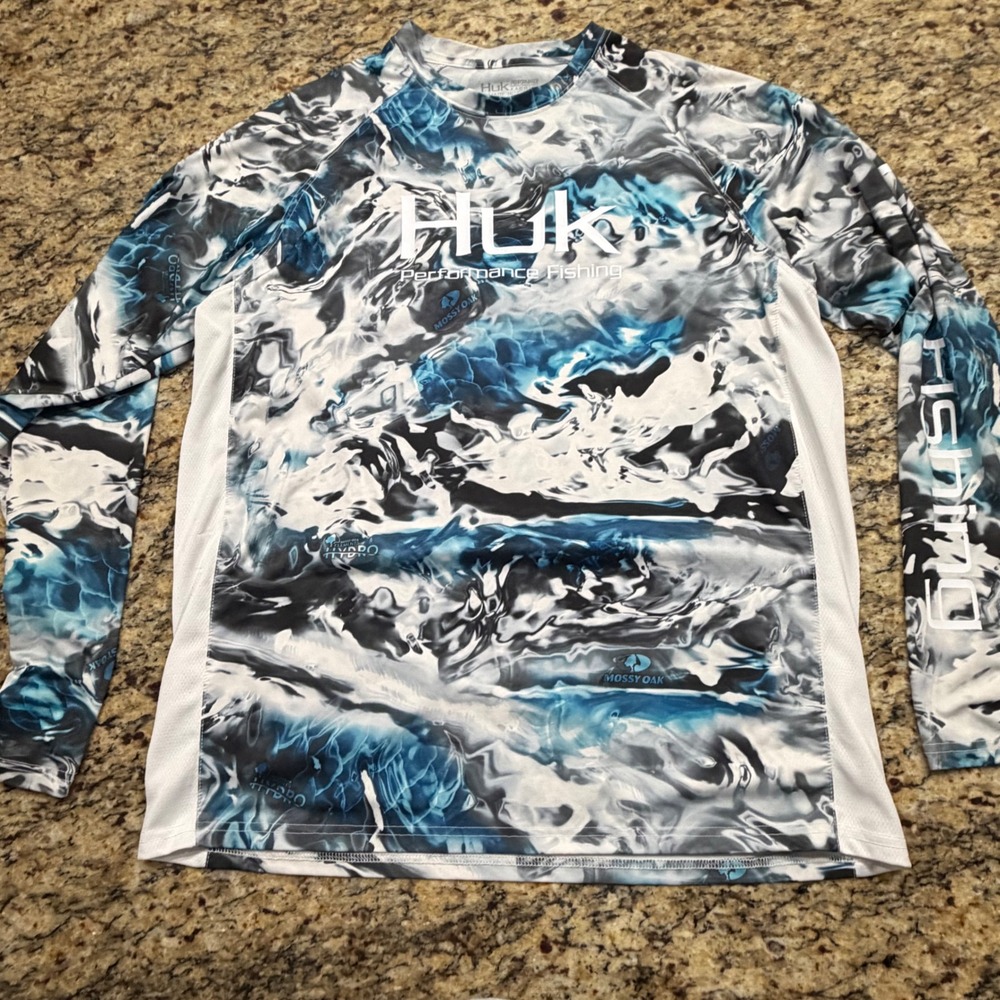 Huk Mossy Oak Hydro Fishing Shirt Mens Large Blue Camo Long Sleeve Performance v